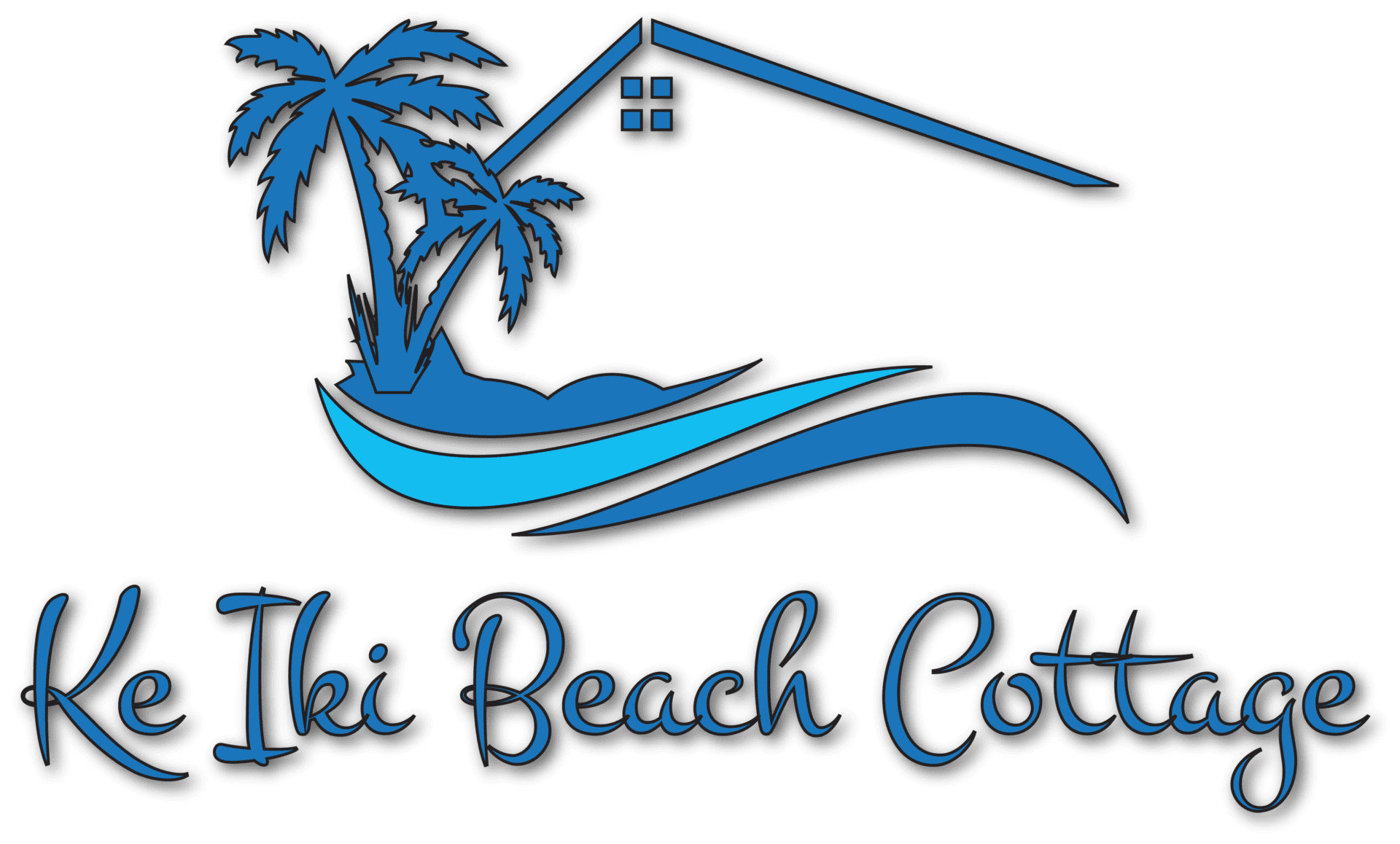 A blue and black logo for tiki beach cottage.